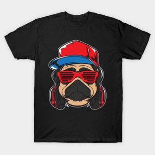 cute pug dog with glasses and headphone T-Shirt